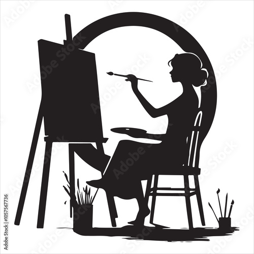 Minimalist silhouette of a painter creating art on a canvas on a white background 