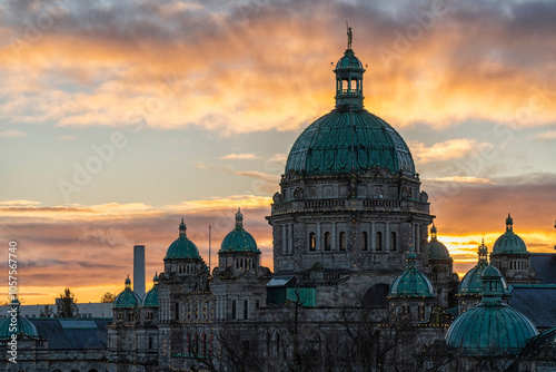 Sunrise over the British Columbia Parliament Buildings in Victoria; Victoria, Vancouver Island, British Columbia, Canada photo