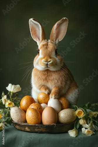 Wallpaper Mural A brown and white rabbit sitting on a bowl of eggs with a green background Torontodigital.ca