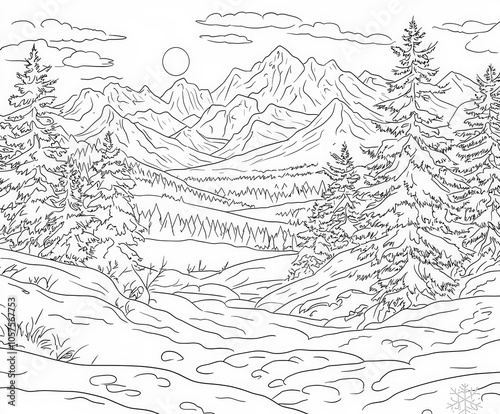 A beautiful winter sunset over snowy hills, coloring page for kids, simple outline illustration. Coloring book, simple lines.