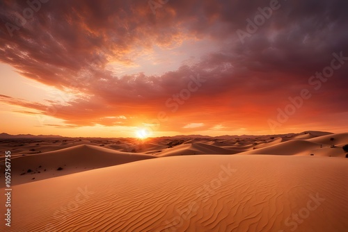 Golden sunset over a desert landscape sun setting behind sand dunes with red and amber hues, Ai Generated