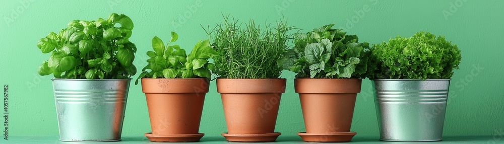 Balanced lifestyle through digital detox and reduced screen time concept. A vibrant display of potted herbs showcasing various greens against a soft green backdrop Balanced lifestyle through digital detox and reduced screen time concept. A vibrant display of potted herbs showcasing various greens against a soft green backdrop