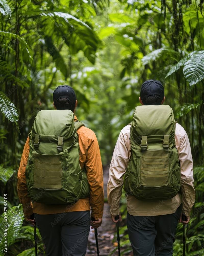 Balanced lifestyle through digital detox and reduced screen time concept. Two hikers with backpacks walk through a lush green forest path surrounded by vibrant foliage Balanced lifestyle through digital detox and reduced screen time concept. Two hikers with backpacks walk through a lush green forest path surrounded by vibrant foliage