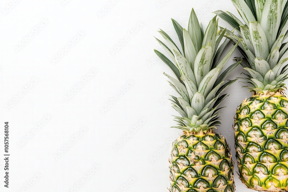 Two ripe tropical pineapples rest side by side on a bright white surface, emphasizing their lush green leaves and spiky skin, highlighting freshness and natural beauty in a minimalist setting. Two ripe tropical pineapples rest side by side on a bright white surface, emphasizing their lush green leaves and spiky skin, highlighting freshness and natural beauty in a minimalist setting.