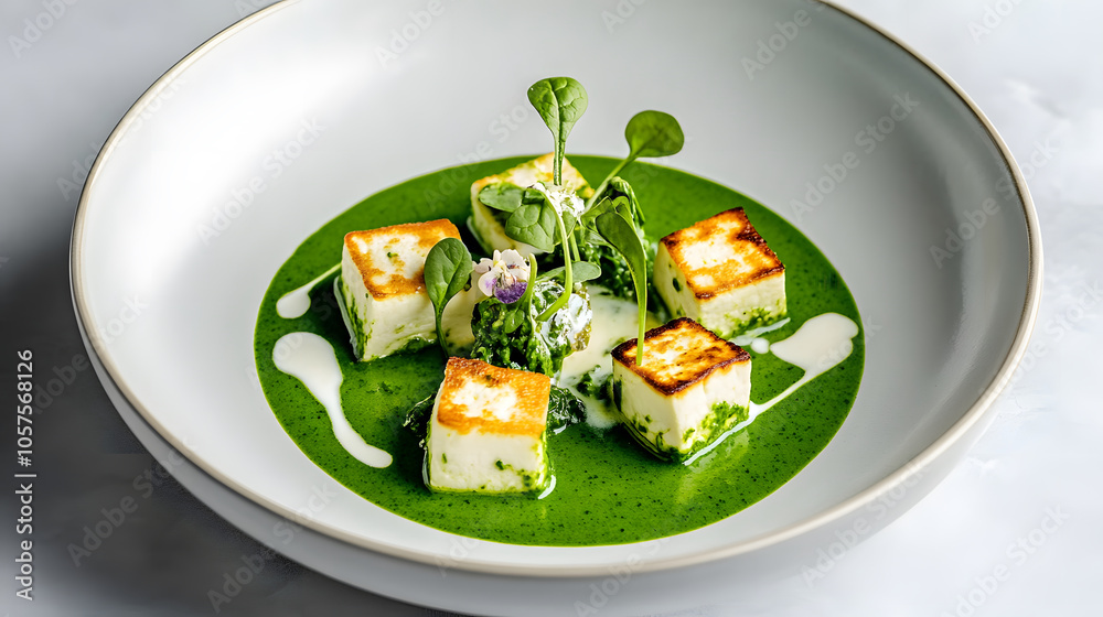Palak Paneer with cheese cubes in vibrant green spinach sauce, garnished Palak Paneer with cheese cubes in vibrant green spinach sauce, garnished