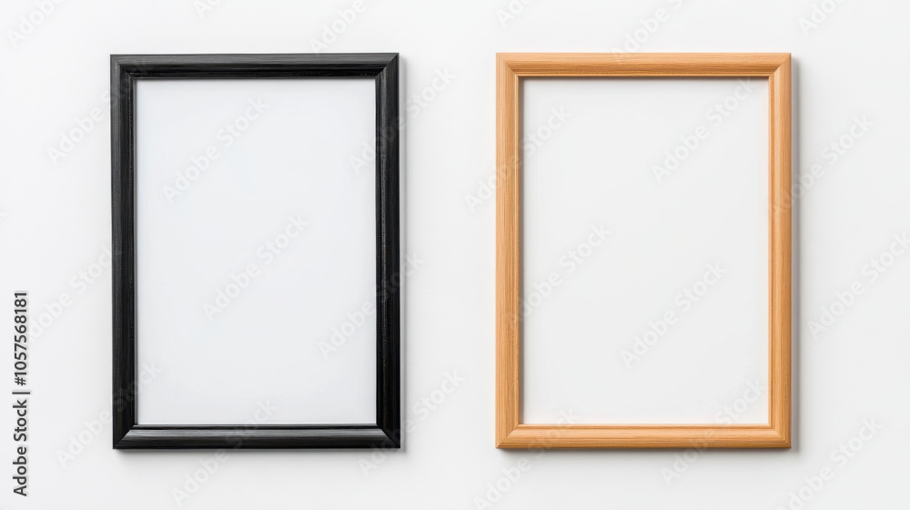 Two empty picture frames, one black and one light wood, on white wall, ready for artwork or photos Two empty picture frames, one black and one light wood, on white wall, ready for artwork or photos