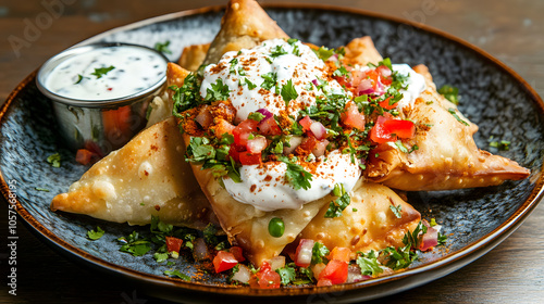 Delicious samosa chaat topped with yogurt, spices, and fresh herbs photo