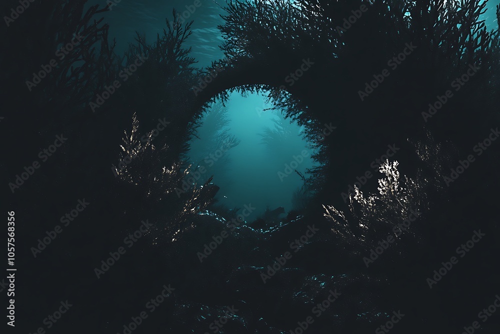 Fototapeta premium A circular opening in a dark underwater coral reef leads to a mysterious blue light.