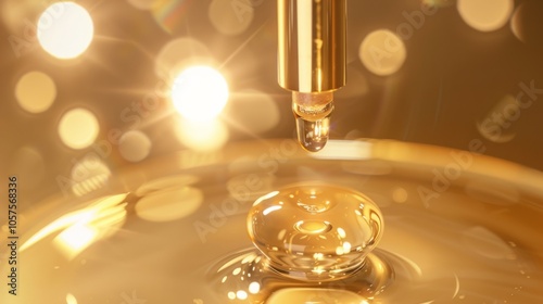 Wallpaper Mural Golden serum dropper releasing liquid collagen onto a glowing ball Close-up photo with clean background Torontodigital.ca