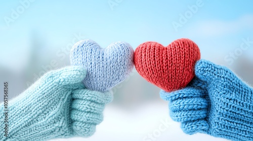 Matching gloves for couples, with halfheart designs that form a heart when held together photo