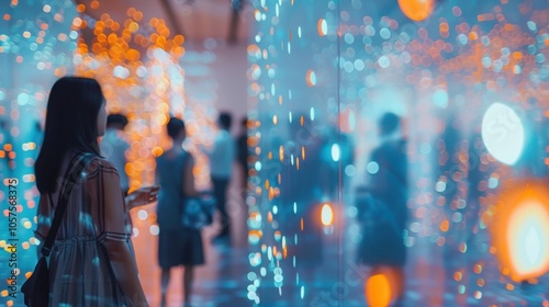 A dreamy outoffocus image of visitors interacting with a thoughtprovoking art installation. photo