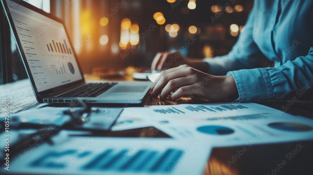 Hands Typing on Laptop with Business Reports Hands Typing on Laptop with Business Reports