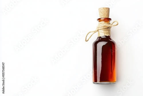 This image showcases a glass bottle filled with rich vanilla extract, featuring a cork stopper and tied with twine. The bottle is centered on a clean, white surface. photo