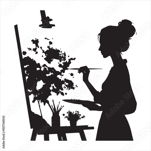 Minimalist silhouette of a painter creating art on a canvas on a white background 