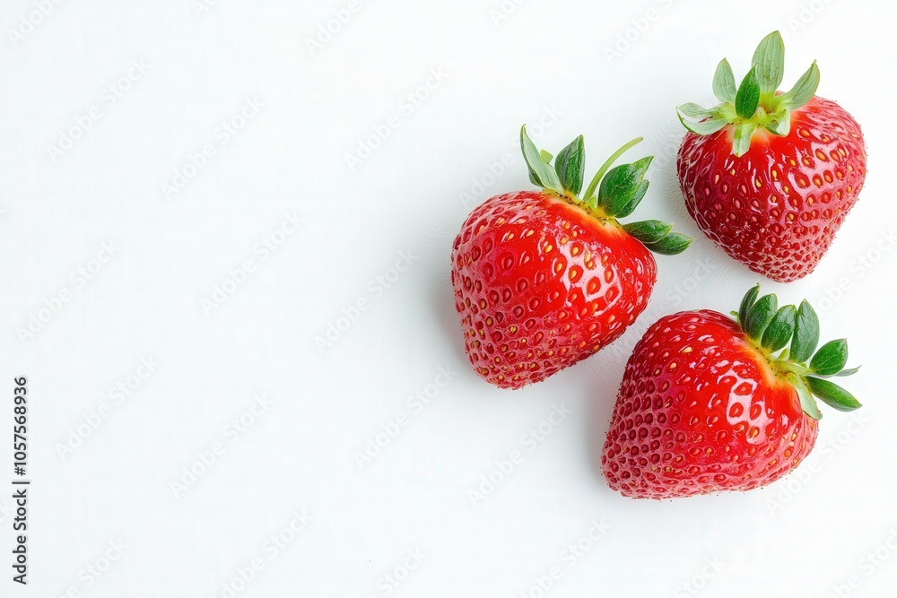 Three vibrant, plump strawberries are beautifully arranged on a clean white surface, highlighting their rich color and fresh appeal. The bright red fruit invites a sense of freshness and healthiness. Three vibrant, plump strawberries are beautifully arranged on a clean white surface, highlighting their rich color and fresh appeal. The bright red fruit invites a sense of freshness and healthiness.