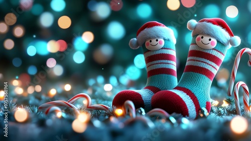 Playful socks with little Santa faces and candy canes, surrounded by Christmas lights photo