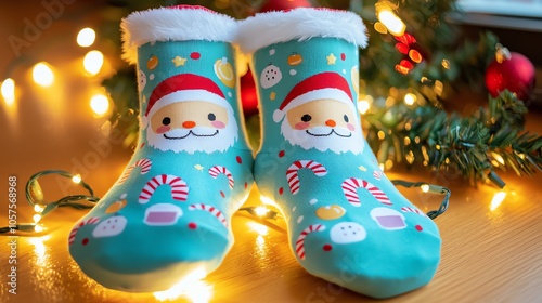 Playful socks with little Santa faces and candy canes, surrounded by Christmas lights photo