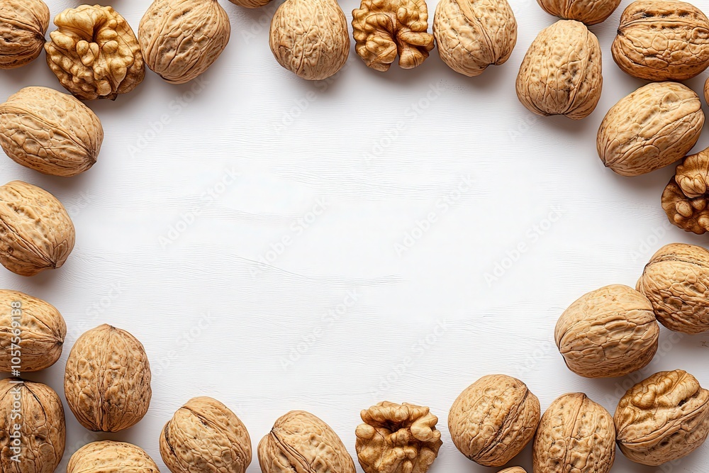 A collection of walnuts is displayed in a circular arrangement, showcasing their rough shells and inner halves. A collection of walnuts is displayed in a circular arrangement, showcasing their rough shells and inner halves.