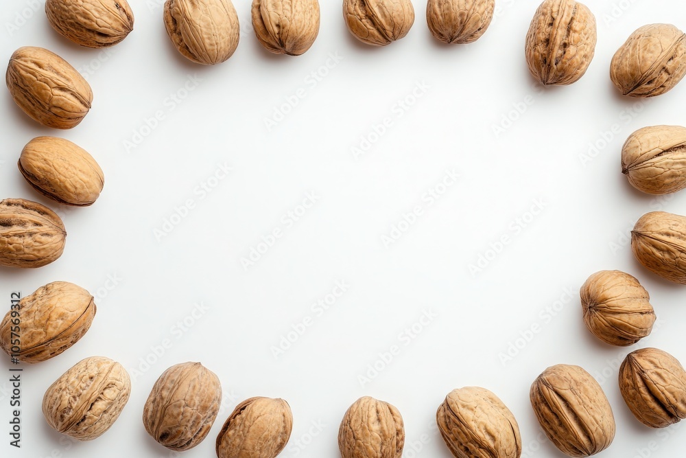 A collection of walnuts is artistically arranged in a circular formation on a clean white background, emphasizing their natural texture and color in a minimalist style. A collection of walnuts is artistically arranged in a circular formation on a clean white background, emphasizing their natural texture and color in a minimalist style.