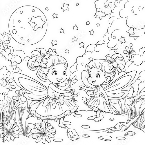 A whimsical scene of fairies dancing in the moonlight, anime coloring page for kids, simple outline illustration. Coloring book, simple lines.