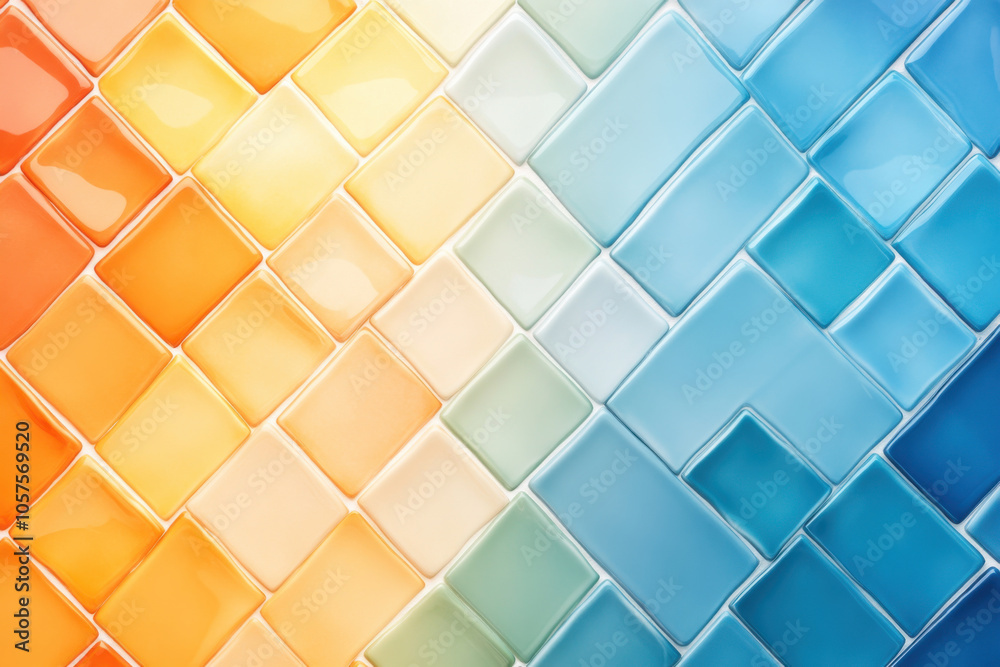 Vibrant mosaic tiles in orange, yellow, and blue shades create stunning visual effect. glossy finish enhances colors, making it perfect for interior design Vibrant mosaic tiles in orange, yellow, and blue shades create stunning visual effect. glossy finish enhances colors, making it perfect for interior design