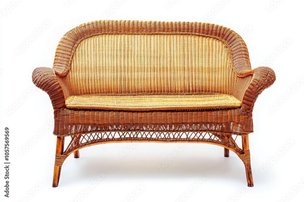 A beautifully crafted wicker sofa is centered against a plain background, highlighting its intricate weaving and inviting design, perfect for cozy indoor or outdoor lounging.