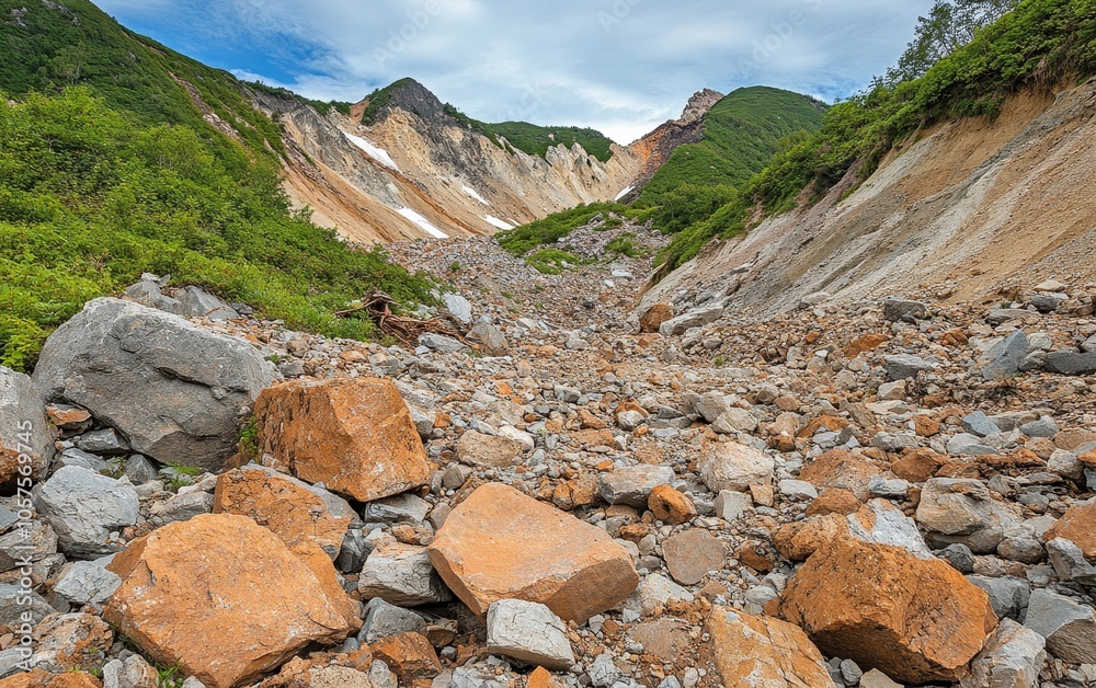 A rocky landscape with a steep slope and green vegetation under a cloudy sky. A rocky landscape with a steep slope and green vegetation under a cloudy sky.