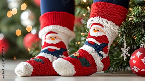 Santathemed socks with a classic red and white design, lying under the Christmas tree photo