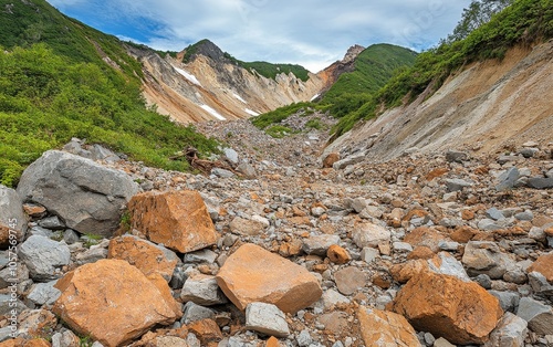 A rocky landscape with a steep slope and green vegetation under a cloudy sky.