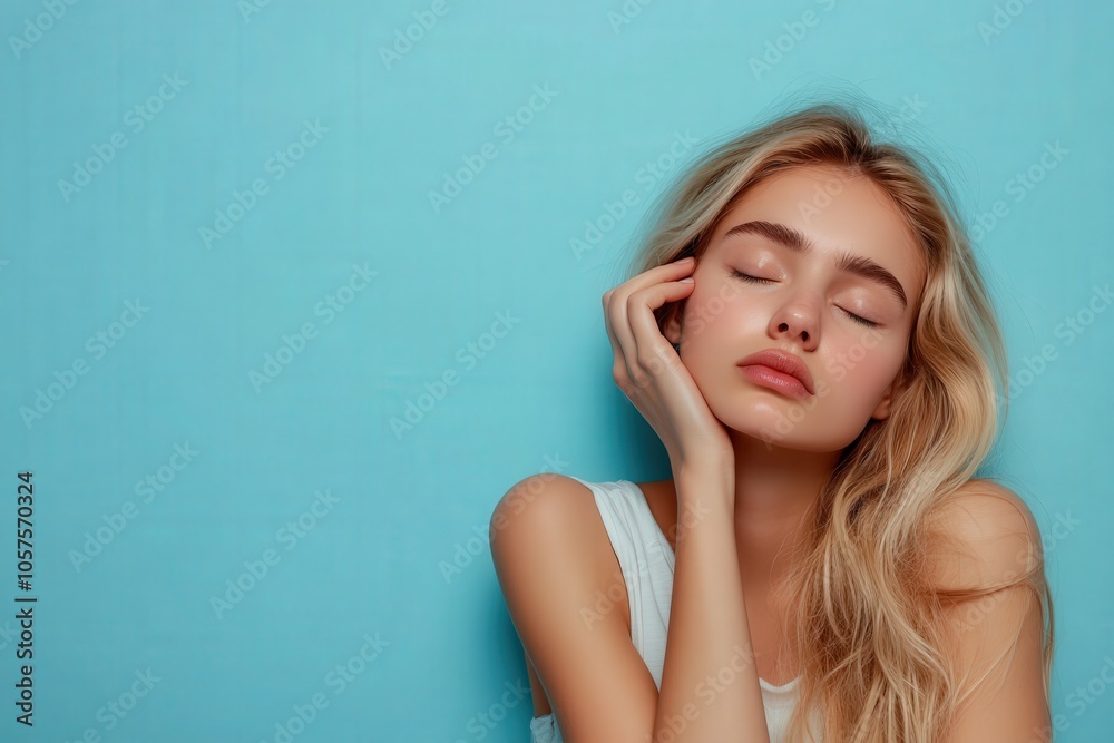 Fototapeta premium The young woman appears weary, resting her head on her hand with a gentle expression. The backdrop is a solid light blue, highlighting her natural beauty and evoking a calm atmosphere.