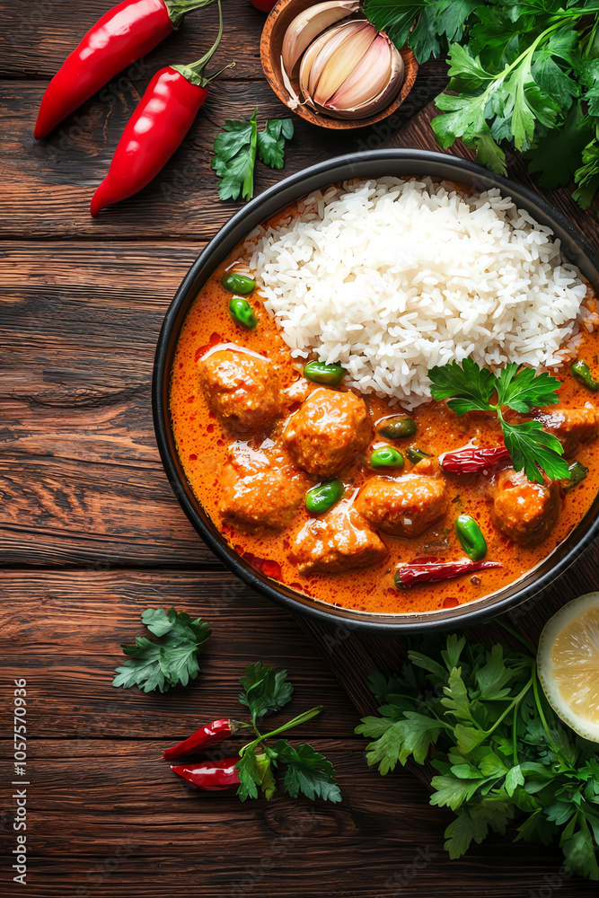 Delight in every bite overhead view of massaman curry paired with fluffy jasmine rice Delight in every bite overhead view of massaman curry paired with fluffy jasmine rice