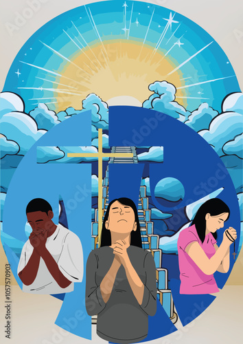 Vector This man and woman pray to God asking for forgiveness and protection