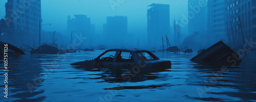 Cityscape with submerged vehicles in post apocalyptic setting photo