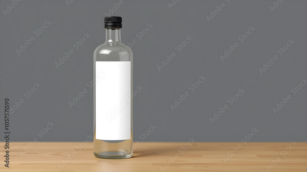 A transparent glass bottle with a black cap, featuring a blank white label for customizable branding or product displays. Generative AI A transparent glass bottle with a black cap, featuring a blank white label for customizable branding or product displays. Generative AI