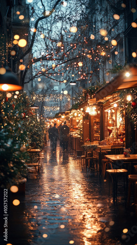 charming street in Paris during Christmas time  with twinkling lights  decorated trees  and festive market stalls  creating a cozy smartphone wallpaper.