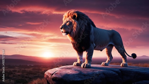 Regal lion standing on a rock overlooking a sunsetlit landscape
 photo