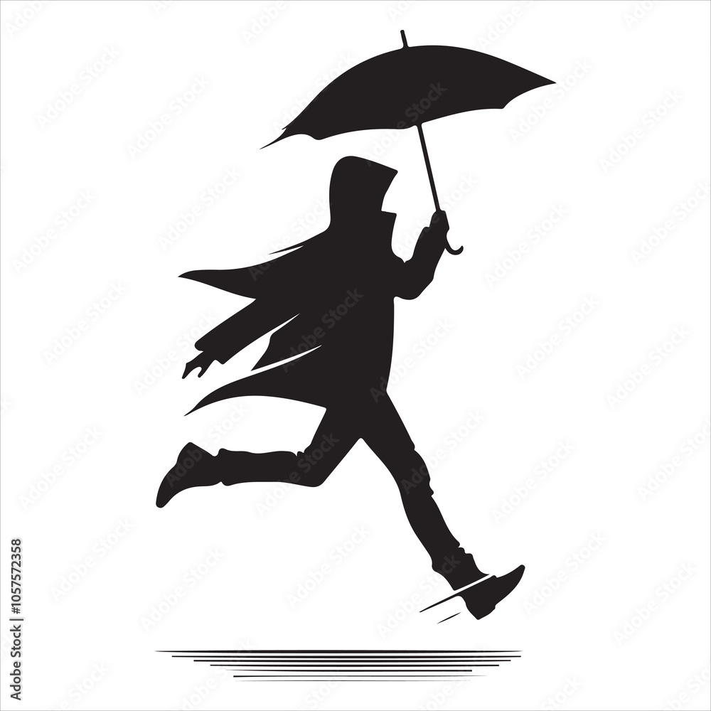 Minimalist silhouette of a rain-jacketed figure in motion on a white background Minimalist silhouette of a rain-jacketed figure in motion on a white background