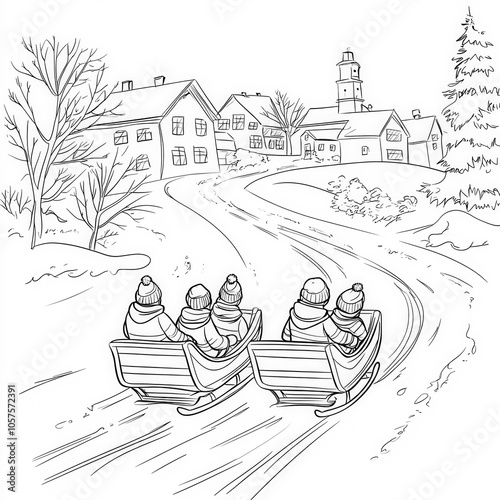 Children sleigh riding down...