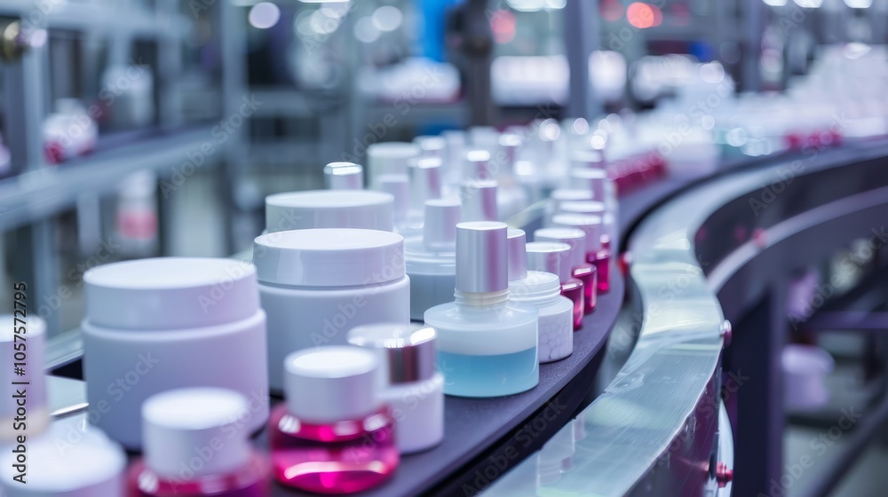 Production line of cosmetics on a conveyor belt in a factory Close-up photo with clean background Production line of cosmetics on a conveyor belt in a factory Close-up photo with clean background