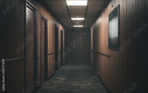 Long, dimly lit corridor with wooden paneling and closed doors, creating a mysterious atmosphere in a building at night