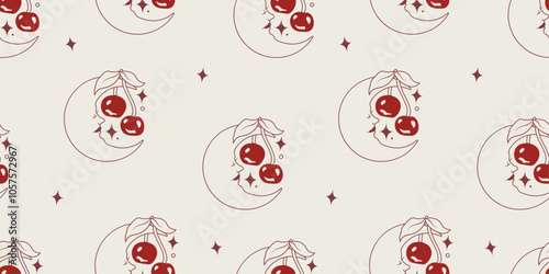 Seamless Pattern of Red Cherries and Smiling Crescent Moon