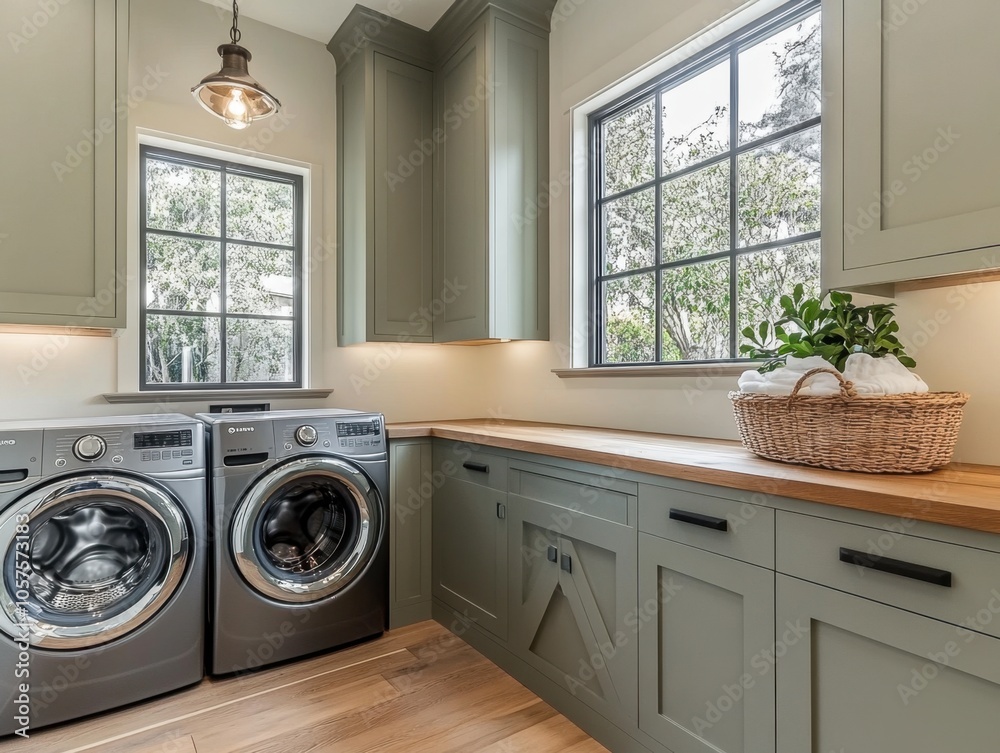 A laundry room with a washer and dryer. The washer is silver and the dryer is gray A laundry room with a washer and dryer. The washer is silver and the dryer is gray