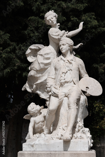Beautiful marble statue of the Grasse born, French artist Jean-Honore Fragonard, 1732-1806, by French sculptor Auguste Maillard (1864-1944); Grasse, Alpes-Maritimes, France