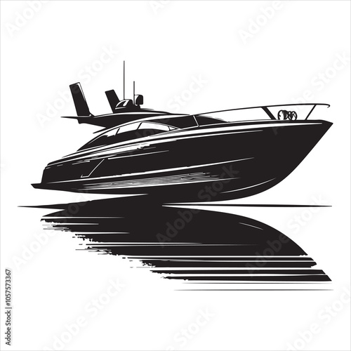 Minimalist silhouette of a speedboat cutting through waves on a white background 