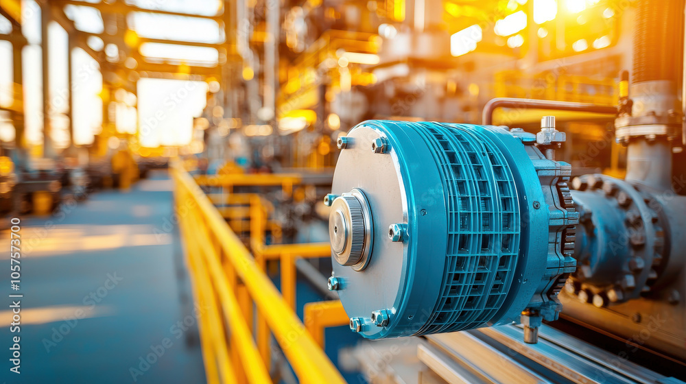 blue and silver electric motor with yellow metal fence in factory setting, showcasing industrial machinery and vibrant lighting blue and silver electric motor with yellow metal fence in factory setting, showcasing industrial machinery and vibrant lighting