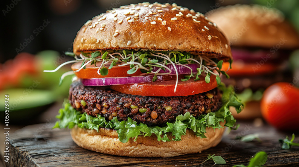 Colorful Background Showcasing A Delicious Vegetarian Hamburger Stacked High With A Black Bean Patty, Fresh Lettuce, Tomatoes, Avocado, And Sprouts, Set Against A Rustic Wooden Table Colorful Background Showcasing A Delicious Vegetarian Hamburger Stacked High With A Black Bean Patty, Fresh Lettuce, Tomatoes, Avocado, And Sprouts, Set Against A Rustic Wooden Table