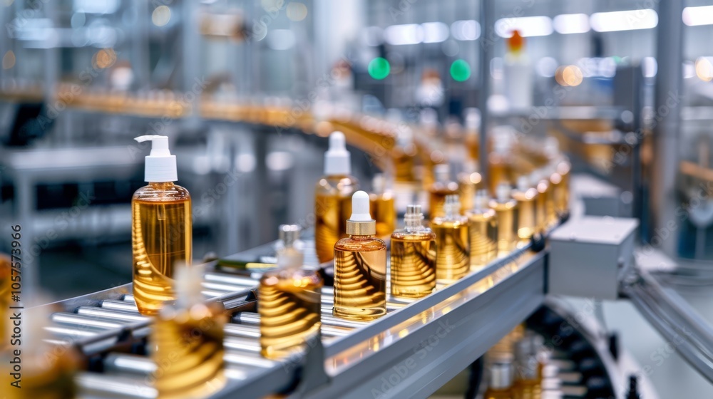 Rows of beauty products moving on a conveyor belt in a factory setting Close-up photo with clean background Rows of beauty products moving on a conveyor belt in a factory setting Close-up photo with clean background
