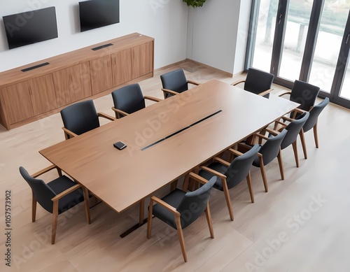Modern conference room with a large wooden table and black chairs in a bright office