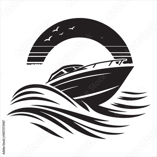 Minimalist silhouette of a speedboat cutting through waves on a white background 