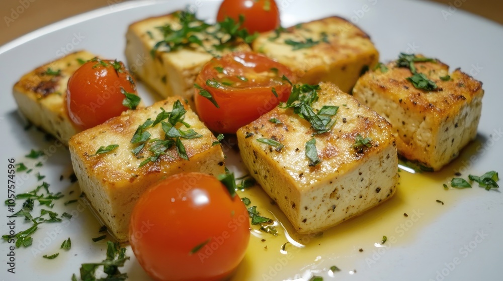 Baked tofu cheese skewers with tomato chunks topped with herbs Baked tofu cheese skewers with tomato chunks topped with herbs